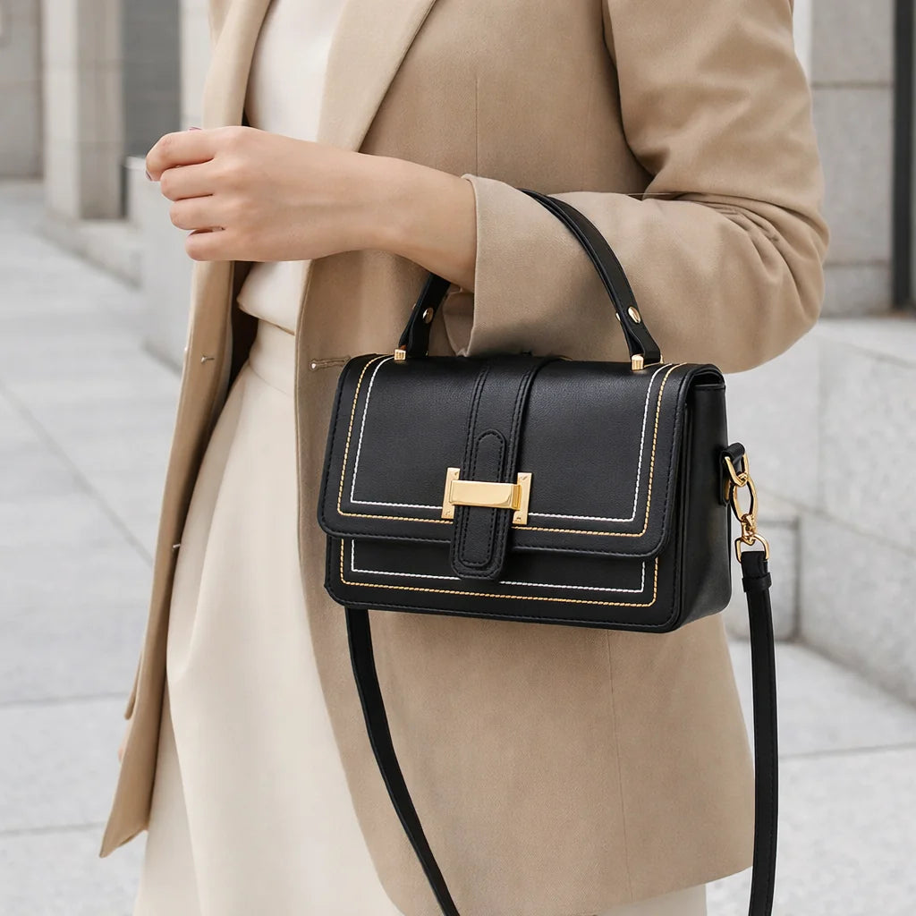 Bethany Buckle Flap Top Handle Bag in Black