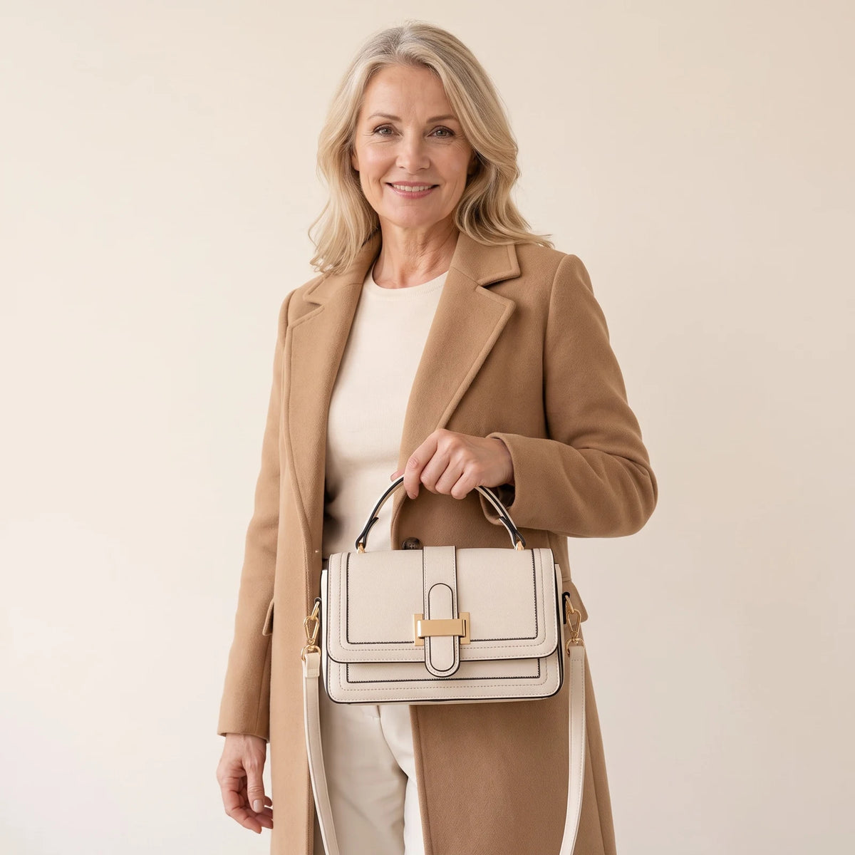Bethany Buckle Flap Top Handle Bag in Cream, carried in the hand