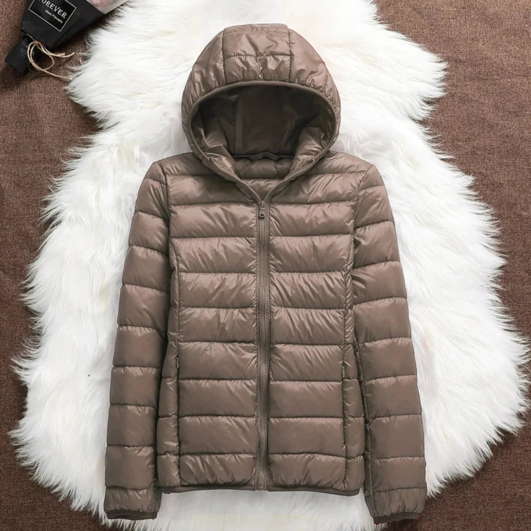 Bianca Lightweight Hooded Puffer Jacket in Taupe