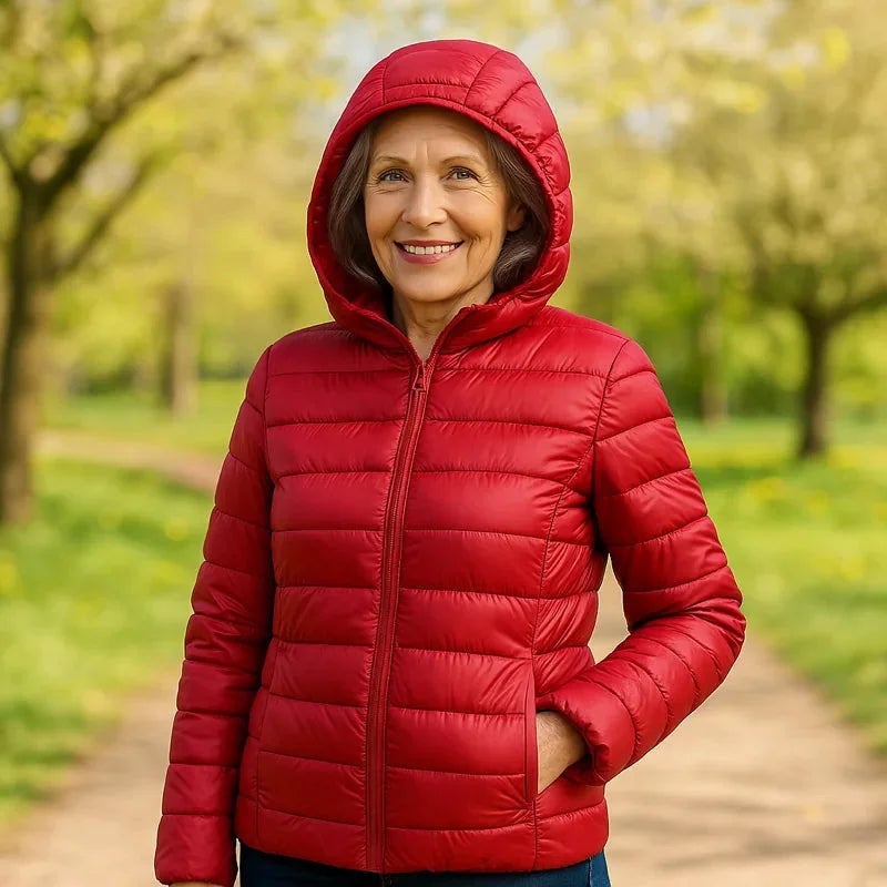 Bianca Lightweight Hooded Puffer Jacket in Red