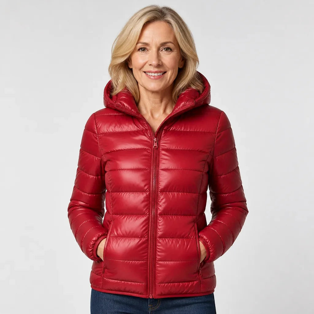 Bianca Lightweight Hooded Puffer Jacket in Dark Red