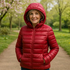 Bianca Lightweight Hooded Puffer Jacket in Dark Red