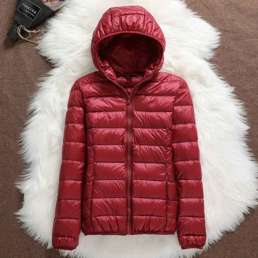 Bianca Lightweight Hooded Puffer Jacket in Dark Red