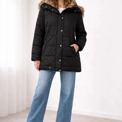 Blanche Snap Front Hooded Puffer Jacket in Black