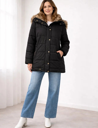 Blanche Snap Front Hooded Puffer Jacket in Black