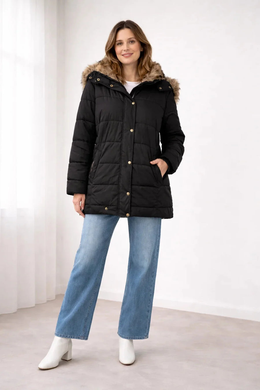 Blanche Snap Front Hooded Puffer Jacket in Black