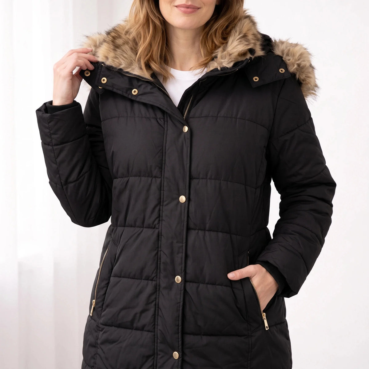 Blanche Snap Front Hooded Puffer Jacket in Black