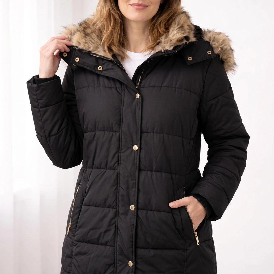 Blanche Snap Front Hooded Puffer Jacket in Black
