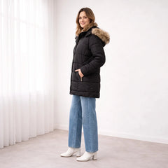 Blanche Snap Front Hooded Puffer Jacket in Black