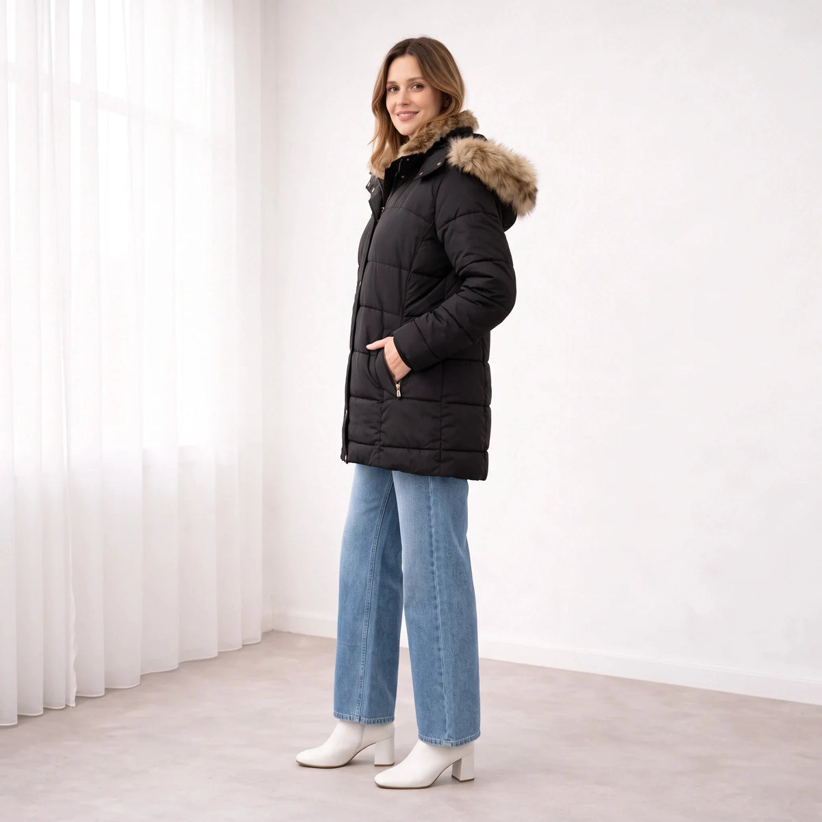 Blanche Snap Front Hooded Puffer Jacket in Black