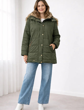 Blanche Snap Front Hooded Puffer Jacket in Green