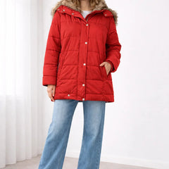 Blanche Snap Front Hooded Puffer Jacket in Red