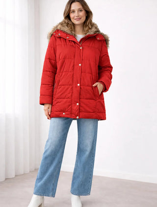 Blanche Snap Front Hooded Puffer Jacket in Red