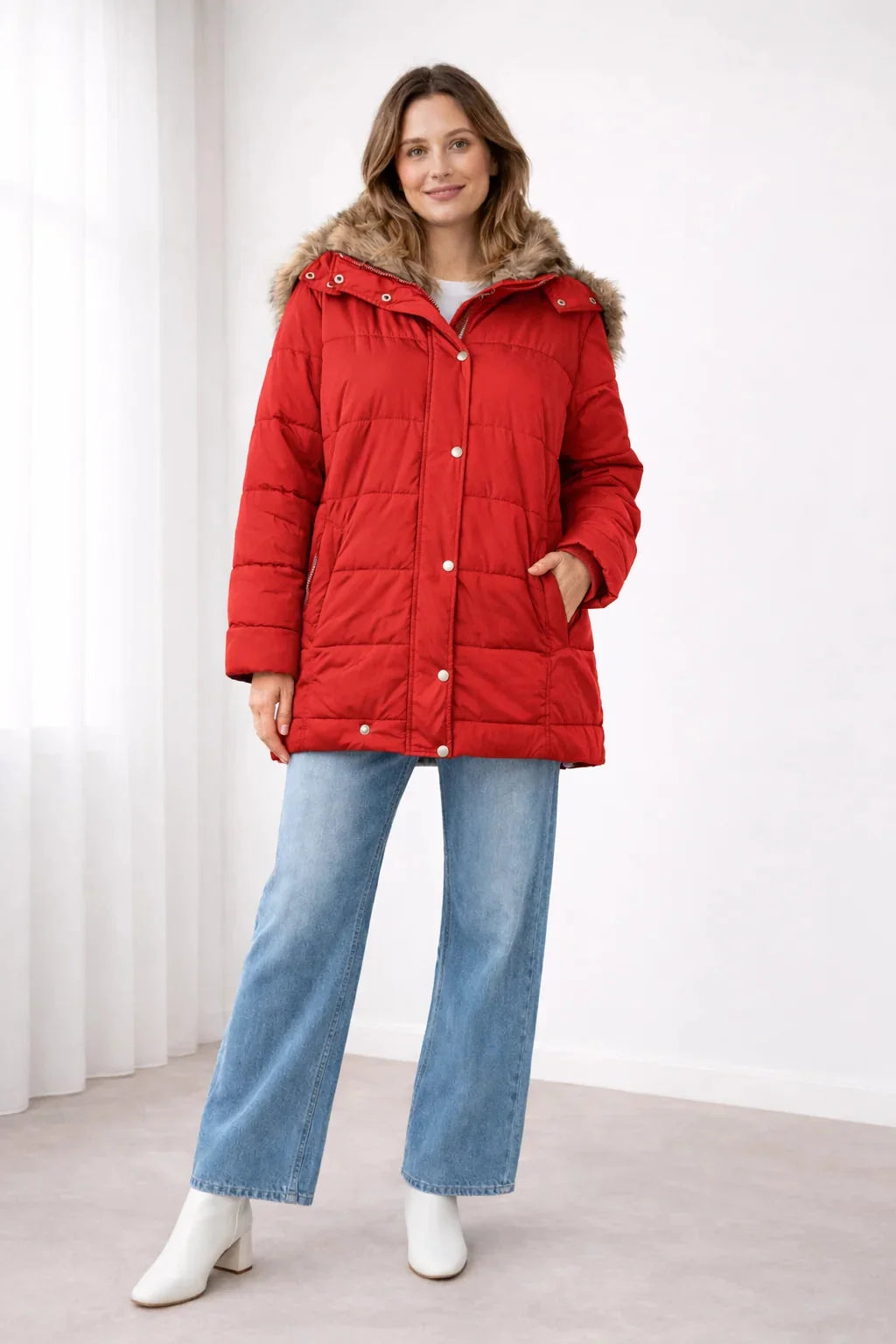 Blanche Snap Front Hooded Puffer Jacket in Red
