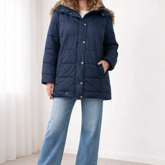 Blanche Snap Front Hooded Puffer Jacket in Navy