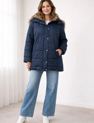 Blanche Snap Front Hooded Puffer Jacket in Navy