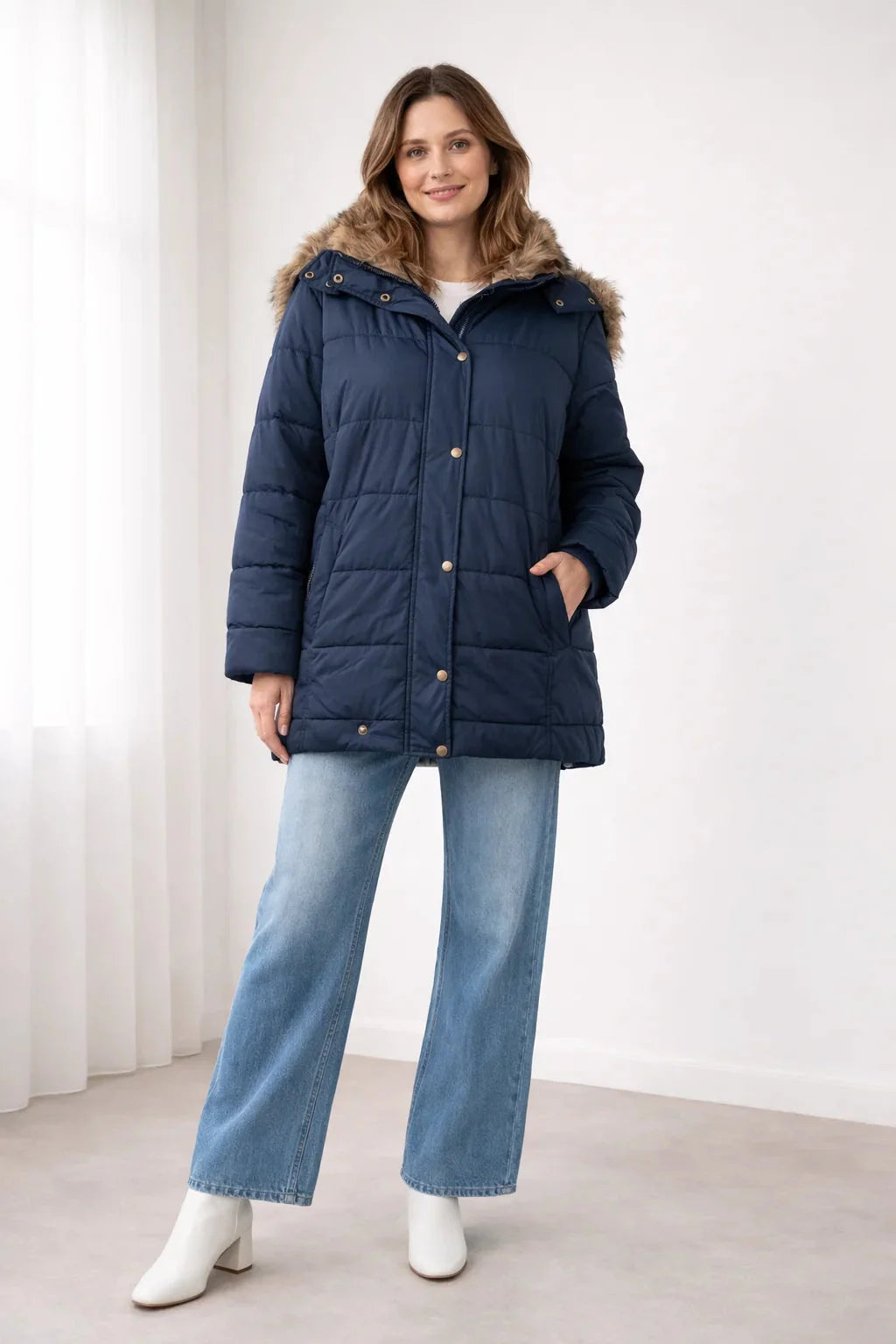 Blanche Snap Front Hooded Puffer Jacket in Navy