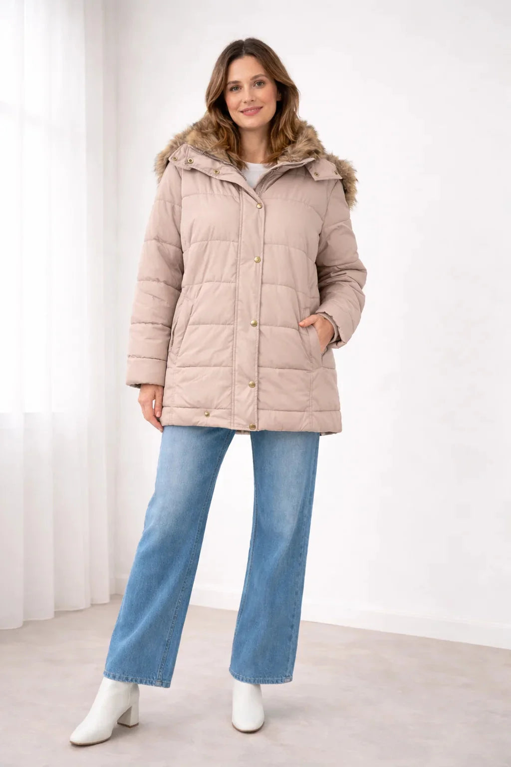 Blanche Snap Front Hooded Puffer Jacket in Blush Pink