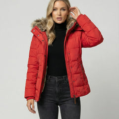 Bonita Fitted Waist Hooded Puffer Jacket in Red