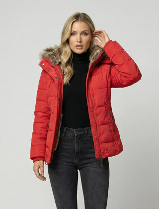 Bonita Fitted Waist Hooded Puffer Jacket in Red