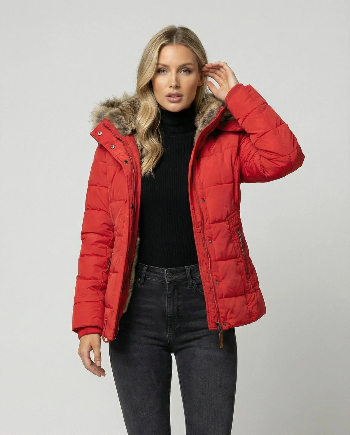 Bonita Fitted Waist Hooded Puffer Jacket in Red