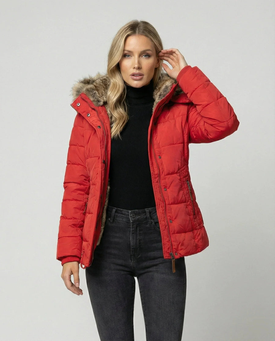 Bonita Fitted Waist Hooded Puffer Jacket in Red