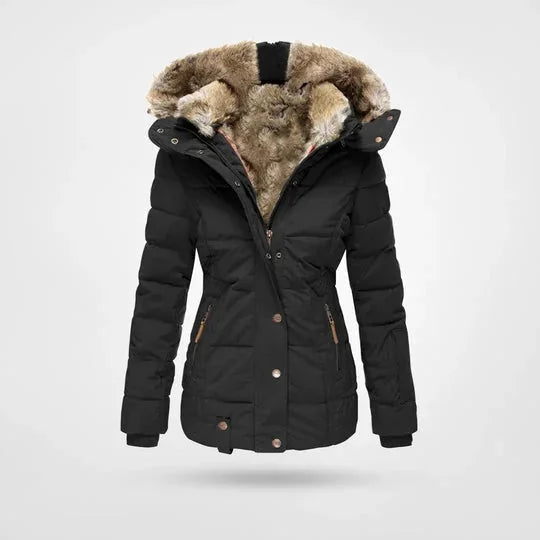 Bonita Fitted Waist Hooded Puffer Jacket in Black