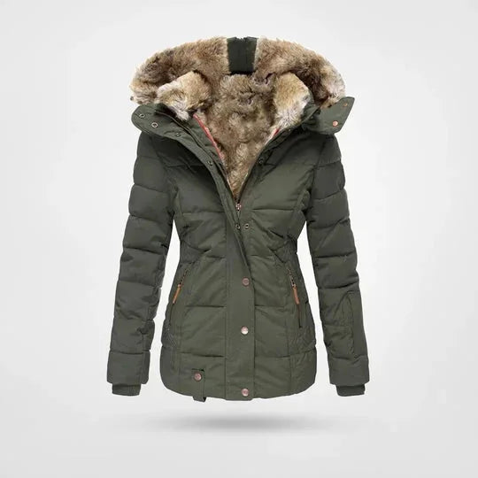 Bonita Fitted Waist Hooded Puffer Jacket in Green