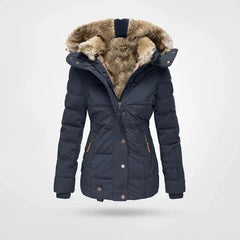 Bonita Fitted Waist Hooded Puffer Jacket in Navy