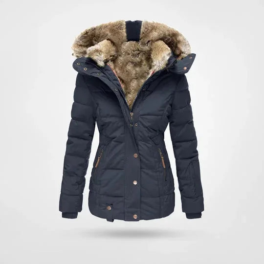 Bonita Fitted Waist Hooded Puffer Jacket in Navy
