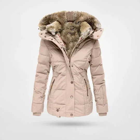 Bonita Fitted Waist Hooded Puffer Jacket in Blush Pink