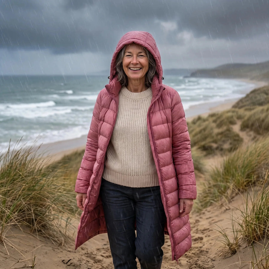 Briar Long Lightweight Hooded Puffer Coat in Pink