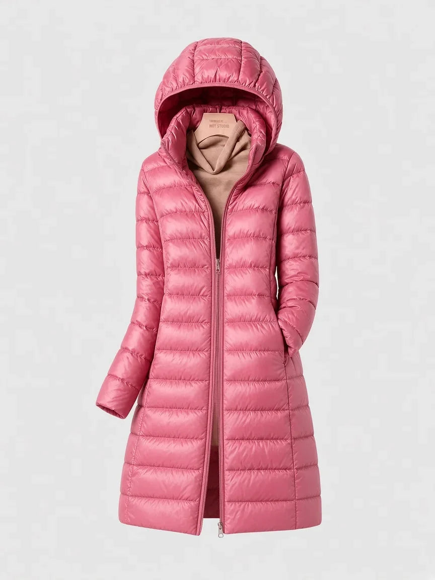 Briar Long Lightweight Hooded Puffer Coat in Pink