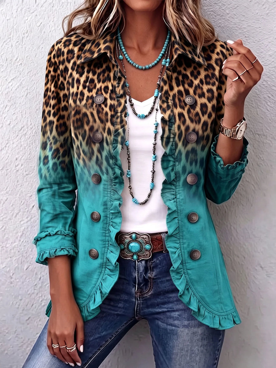 Carla Leopard Ombre Ruffle Jacket in Turquoise