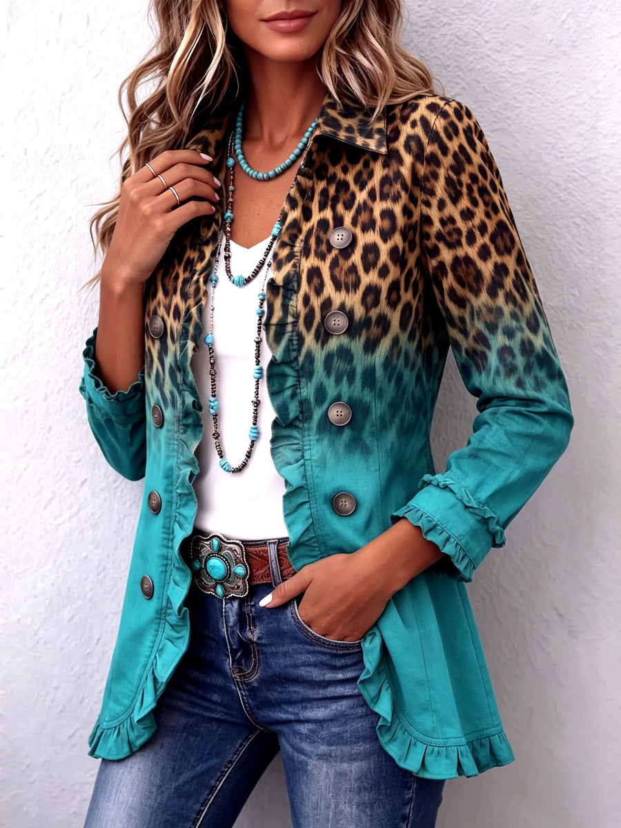 Carla Leopard Ombre Ruffle Jacket in Turquoise