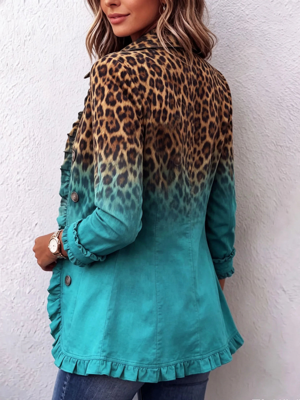 Carla Leopard Ombre Ruffle Jacket in Turquoise