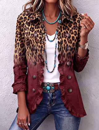 Carla Leopard Ombre Ruffle Jacket in Wine Red