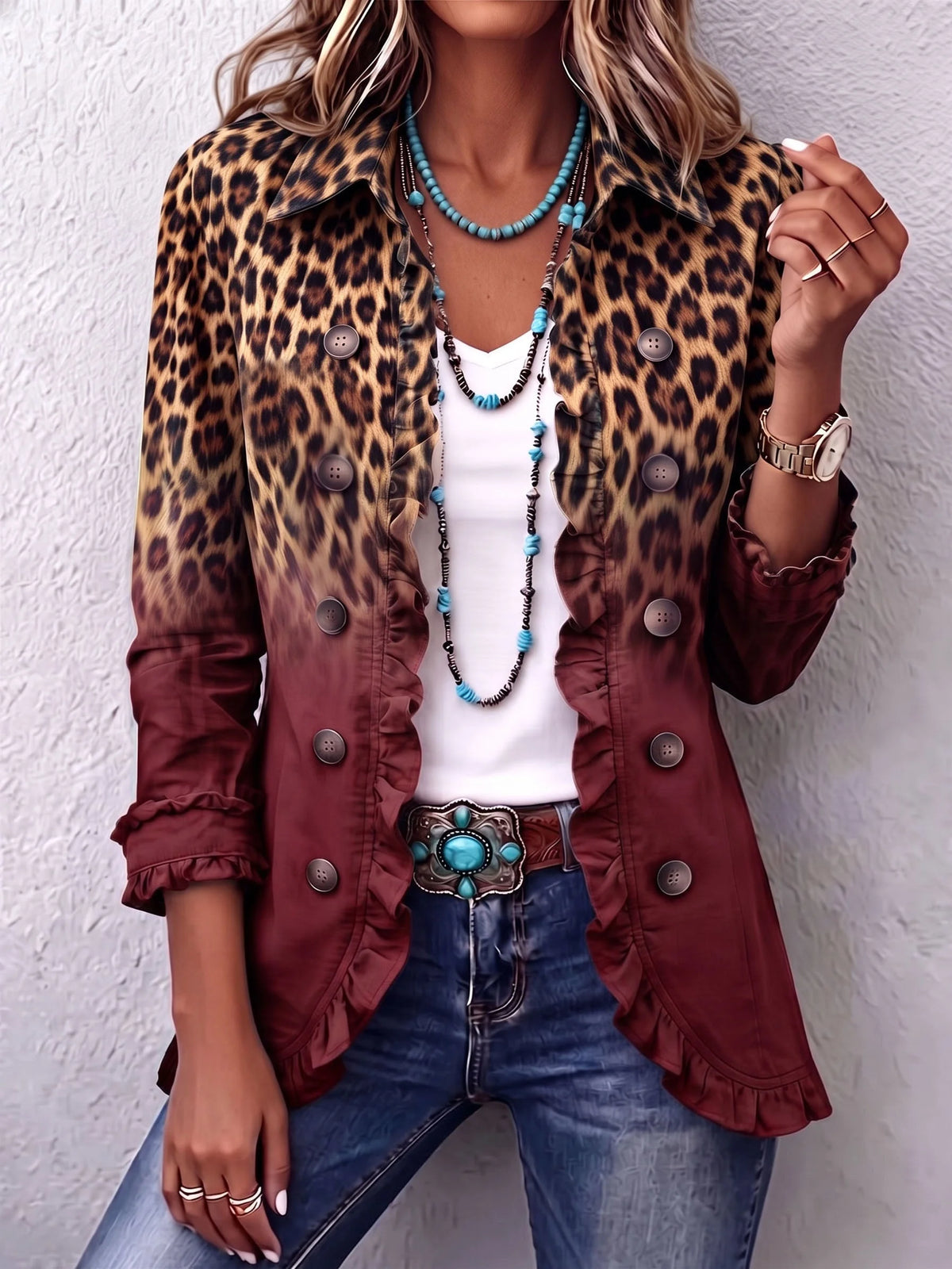 Carla Leopard Ombre Ruffle Jacket in Wine Red