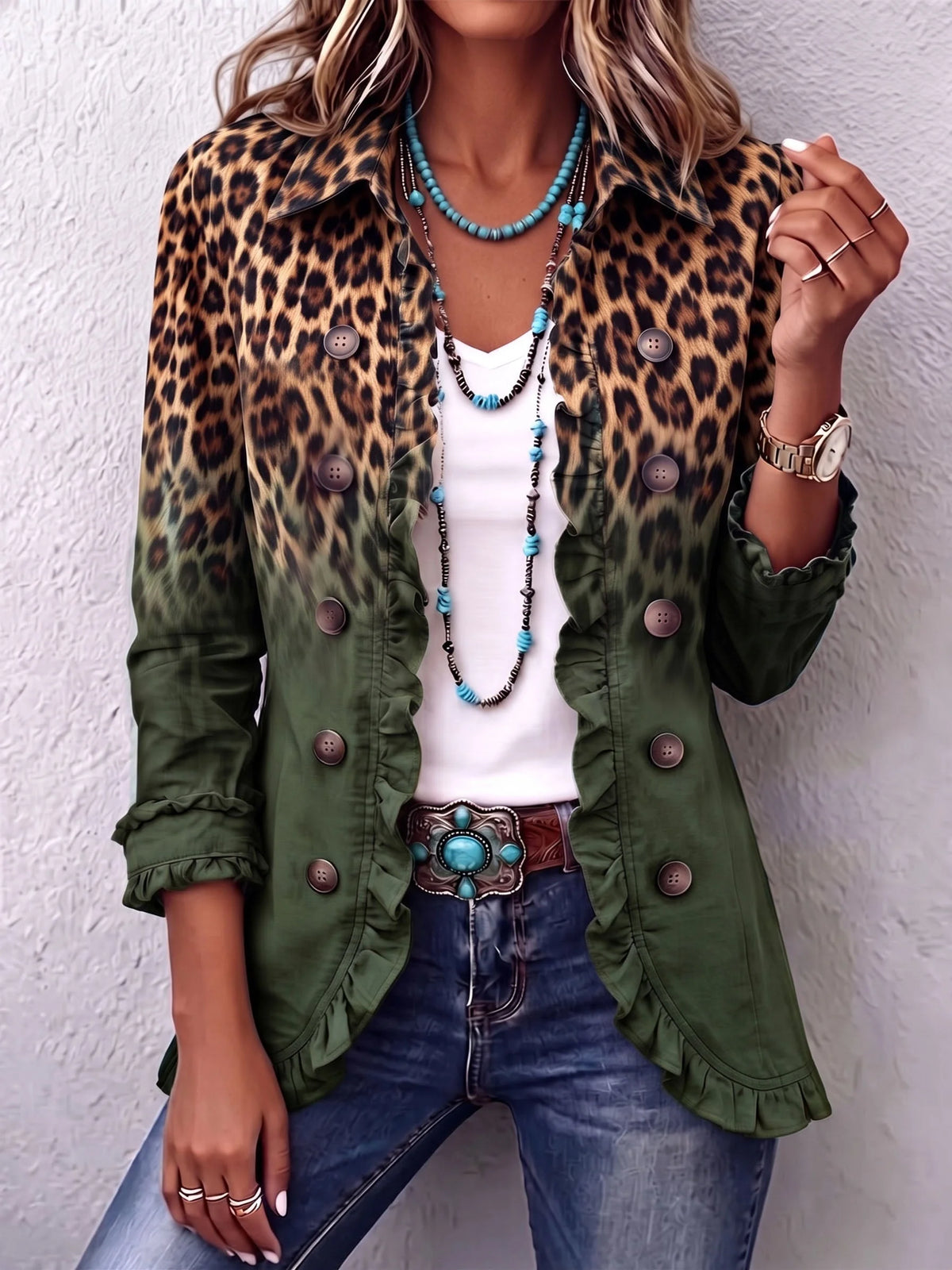 Carla Leopard Ombre Ruffle Jacket in Green