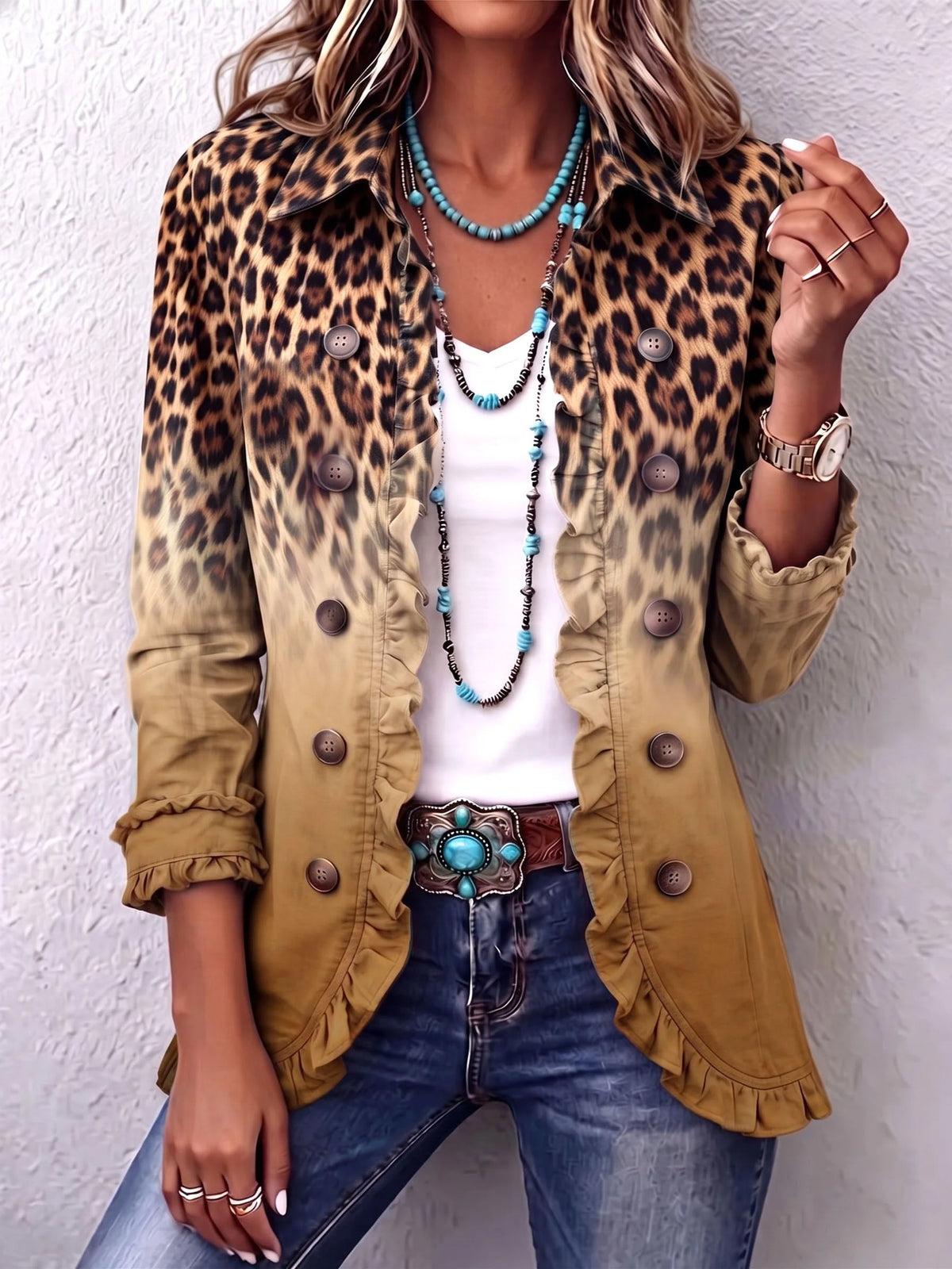 Carla Leopard Ombre Ruffle Jacket in Mustard