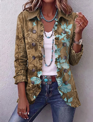 Carol Turquoise Floral Ruffle Jacket in Olive Floral