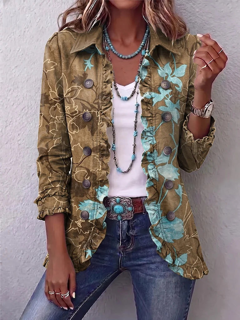 Carol Turquoise Floral Ruffle Jacket in Olive Floral