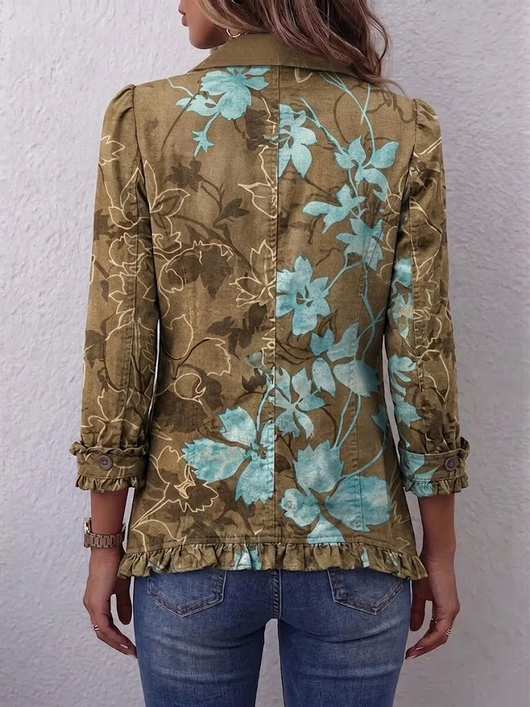 Carol Turquoise Floral Ruffle Jacket in Olive Floral