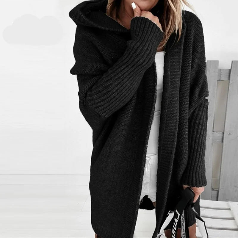 Carrie Oversized Hooded Long Cardigan in Black