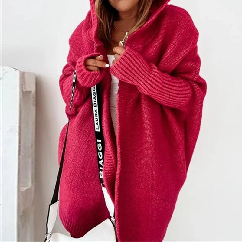 Carrie Oversized Hooded Long Cardigan in Raspberry Red
