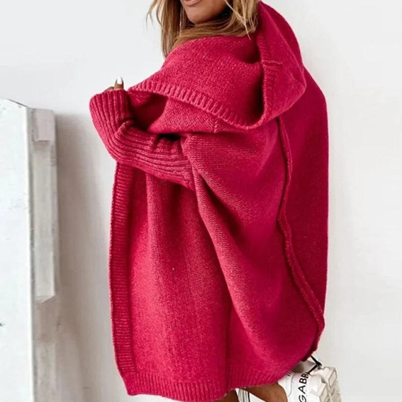 Carrie Oversized Hooded Long Cardigan in Raspberry Red
