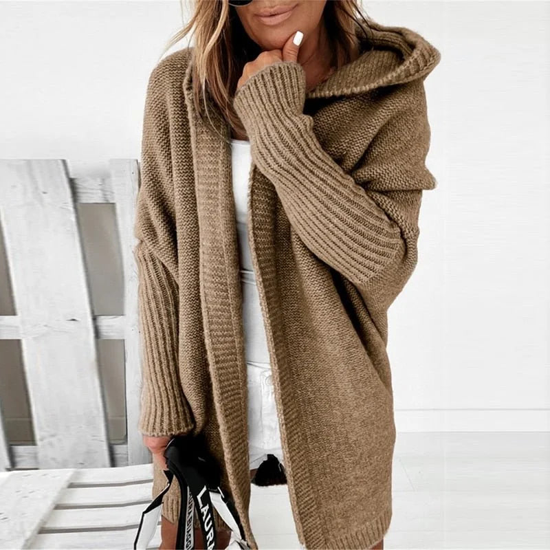 Carrie Oversized Hooded Long Cardigan in Khaki
