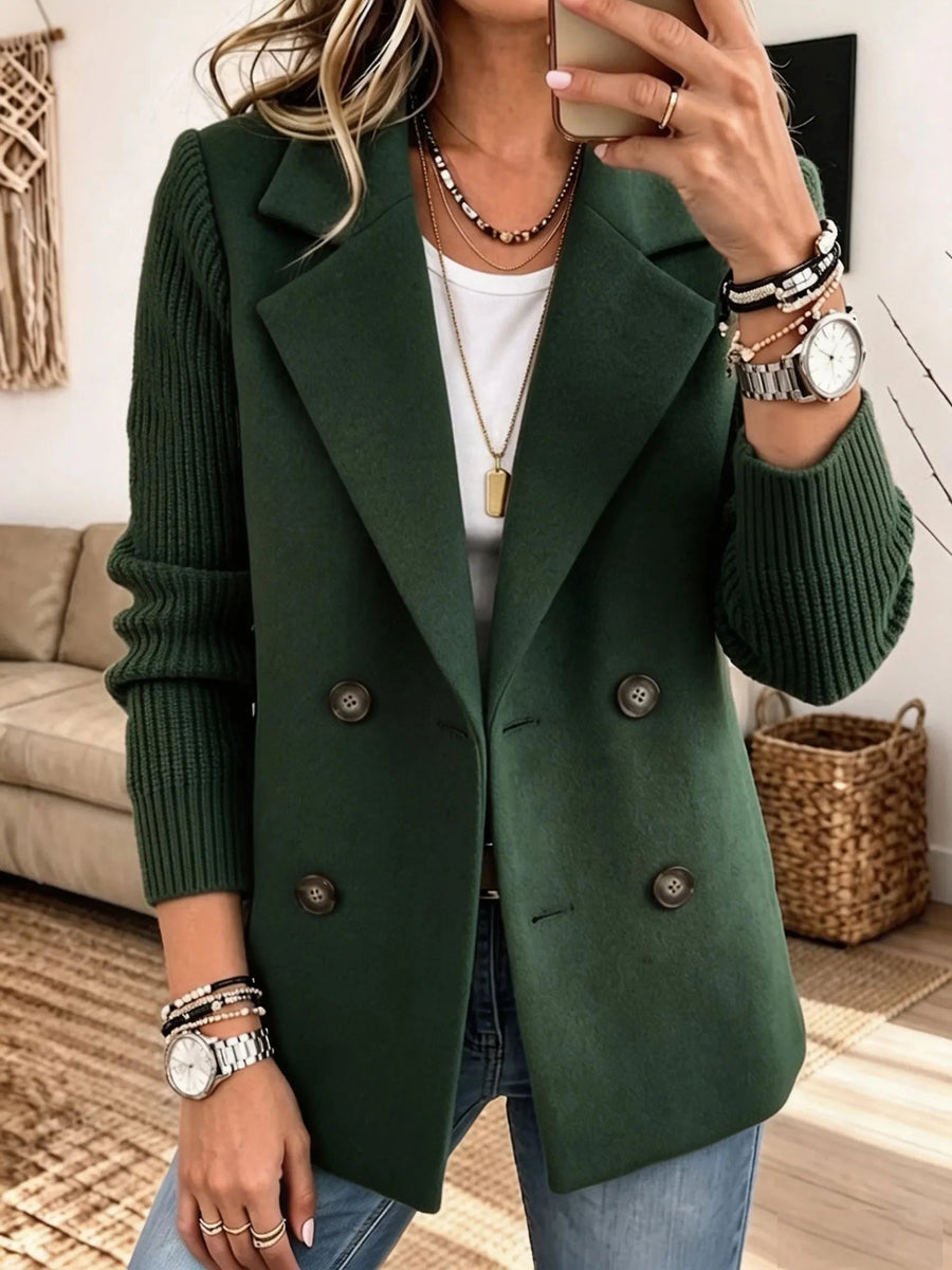 Cecilia Ribbed Sleeve Double-Breasted Blazer in Green