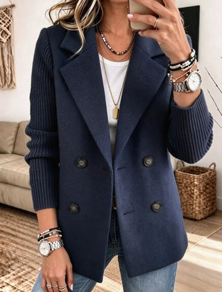 Cecilia Ribbed Sleeve Double-Breasted Blazer in Navy