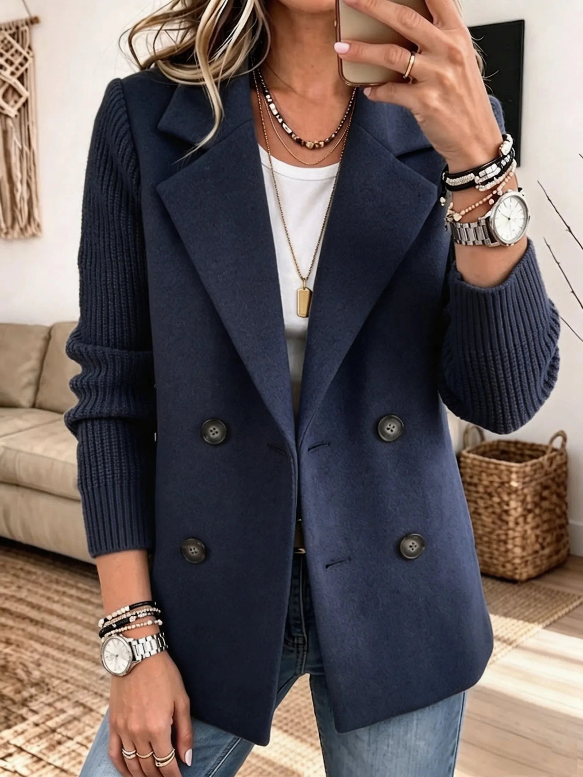 Cecilia Ribbed Sleeve Double-Breasted Blazer in Navy